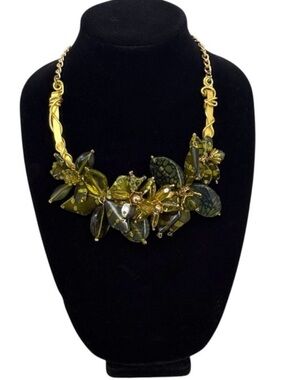Artisan Statement Floral Green & Gold Resin Bead Necklace with Metal Chain
